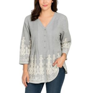 Coldwater Creek Gray Ivory Embroidered 3/4 Sleeve Button Front Tunic Top Size M